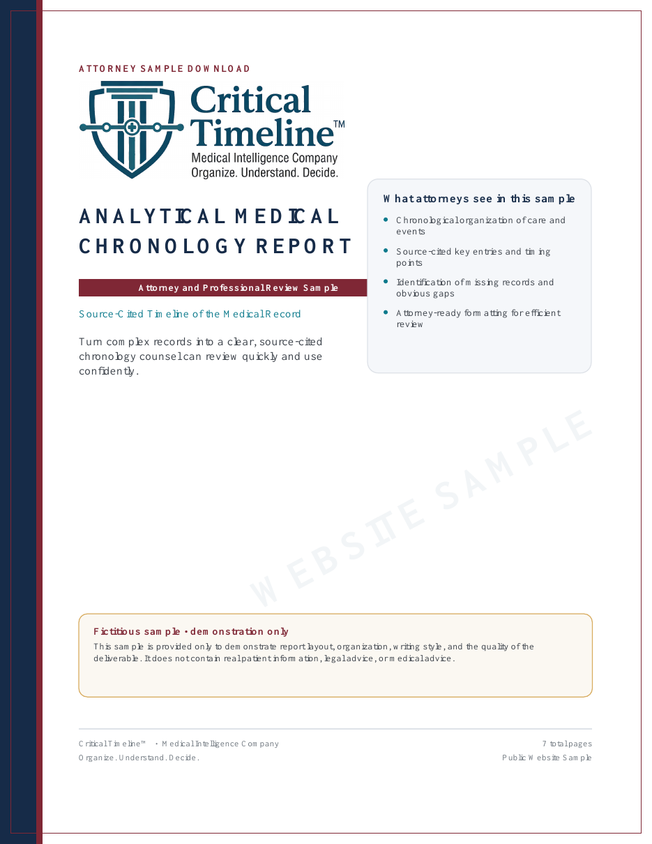 Cover of a fictional Analytical Medical Chronology Report sample