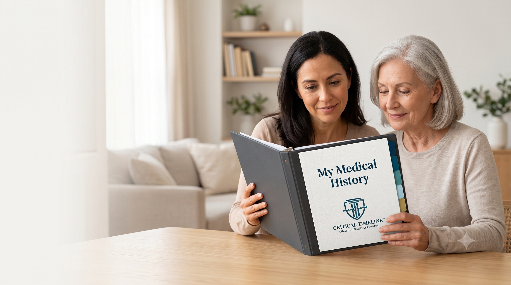 A woman and an older family member reviewing a binder labeled My Medical History